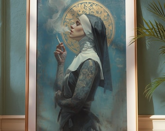 Tätowierte Nonne Kunstdruck, kantige Frau Portrait (Digitaler Download)
