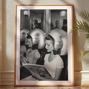 Ladies at Hair Salon Wall Art, Vintage Beauty Salon Decor, Black and White Print, 1960s Vintage Poster, Retro Hairstylist Wall Decor