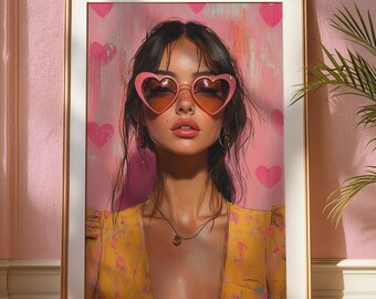 Retro Coquette Girl Wall Art | Heart Sunglasses Poster | Pink Aesthetic Portrait Print | Girly Room Decor | Cute Valentine Gift