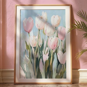 May include: A framed painting of a bouquet of pink and white tulips with green stems and leaves against a light blue background.