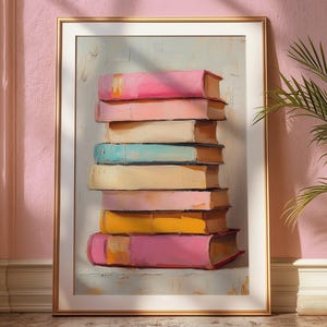 Impresión de amante de los libros, pintura de pila de libros, arte imprimible de ratón de biblioteca, arte de pared de moda, impresión digital, estética de apartamento