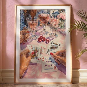 Stampa artistica da casinò / Decorazioni per serate di poker glamour per ragazze / Carte da gioco e cocktail vintage / Elegante decorazione da parete per sala giochi / Lussuosa arte per feste
