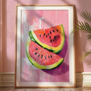 Watermelon Wall Art Print - Summer Fruit Kitchen Decor - Acrylic Painting Style - Pink Art for Dining Room or Gift Idea