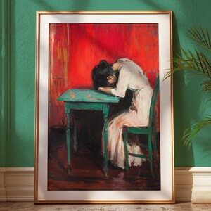 Portrait de femme fatiguée | Art mural vintage | Décoration antique de mauvaise humeur | Tons étouffés | Téléchargement numérique | Art imprimable rétro