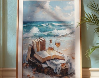 Books and Wine Beach Oil Painting: Coastal Reading Nook Art (Digital Download