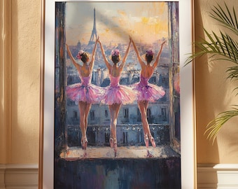 May include: Three ballerinas in pink tutus stand on a balcony overlooking a city skyline. The Eiffel Tower is visible in the background. The painting is done in a painterly style with visible brushstrokes.