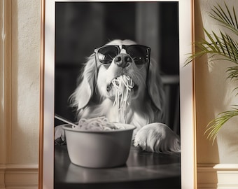 Golden Retriever Eating Spaghetti Print: Funny Dog Kitchen Art (Digital Download