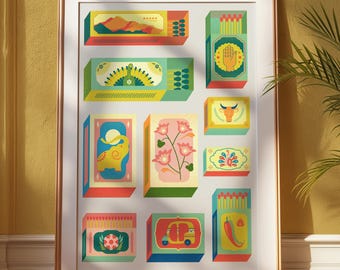 Vintage Japanese Matchbox Art Print: Retro Japandi Style (Digital Download)