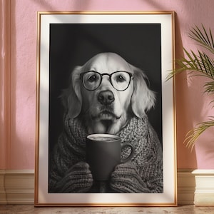 Golden Retriever Drinking Coffee Wall Art, Black and White Print, Coffee Lover Print, Dog Gift, Funny Dog Poster, Kitchen Wall Decor