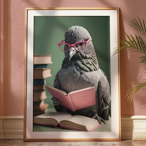 Funny Pigeon Art Print | Reading Bird Poster | Quirky Animal Wall Decor | Whimsical Art for Book Lovers | Pink Glasses Bird Print