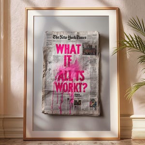 Inspirerende roze krantenprint | Wat als het allemaal lukt? | Moderne muurkunst | Positief citaatposter | Motiverend decor