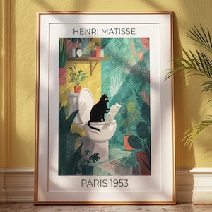 Schwarze Katze auf Toilette, Badezimmer Wandkunst, Matisse Poster, Lustiges Badezimmer Dekor, Pinkes tropisches Dekor