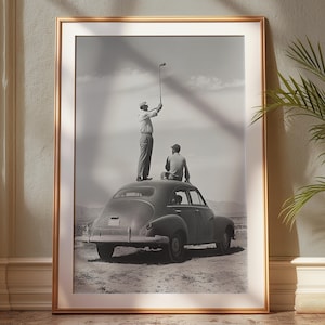 Vintage Golfer Teeing on Car Wall Art, Black and White Print, Sports Bar Wall Decor, Funny Wall Art Gift for Men, Retro Golf Print