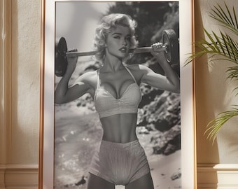 Woman Lifting Weights At Beach Wall Art, Beach Fitness Print, Vintage Woman Bodybuilder, Black and White Print, Gym Decor, Retro Wall Decor