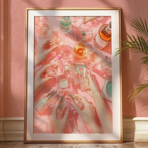 Impresión artística de collage de belleza glamurosa: Perfume y lápiz labial (descarga digital)
