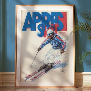Vintage Apres Ski Print, Blue Winter Print, Vintage Bar Cart Decor, Preppy Ski Poster, Newspaper Magazine Print, Retro Apres Ski Wall Print