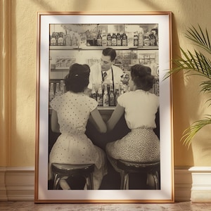 Vintage frisdrankbarscène – jaren 50 retro diner esthetische print | Muurkunst uit het midden van de eeuw | Zwart-witfotografie | Digitale download