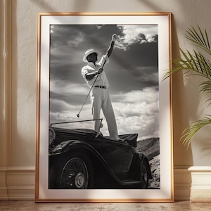 Black and White Golf Wall Art – Stylish Man with Golf Club on Classic Car | Retro Luxury Photography Printable Download