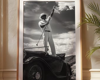 Retro golfkunstdruk: man met club op oldtimer (digitale download)