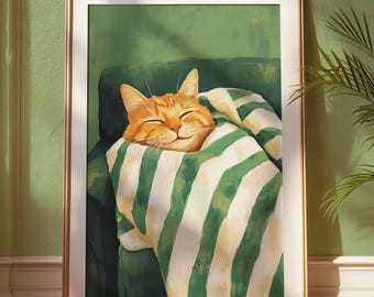 Sleeping Cat Art Print: Minimalist Dark Green Kitten Poster (Digital Download