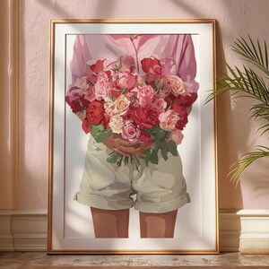 Pink Floral Girl Art Print: Romantic Spring Bouquet (Digital Download