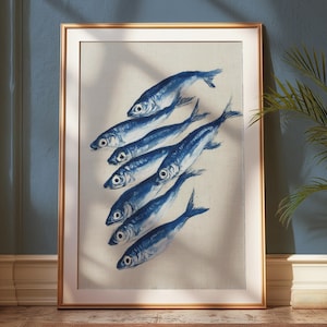 Sardine Painting | Antique Still Life Fish Art | Vintage Sea Life Print | Wall Decor for Fish Restaurant | Nautical Fish Coastal Home Art