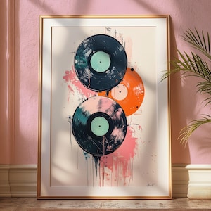 Retro Vinyl Painting - Pink, Orange, Green Teal Vinyl Records - Vintage Music Wall Decor - Colorful Record Player Print - Music Nook Art