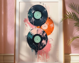 Retro Vinyl Painting - Pink, Orange, Green Teal Vinyl Records - Vintage Music Wall Decor - Colorful Record Player Print - Music Nook Art