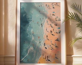 Minimalist Beach Wall Art, Coastal Painting Print, Tiny People Artwork, Seaside Landscape Poster, Neutral Ocean Decor, Printable Wall Art