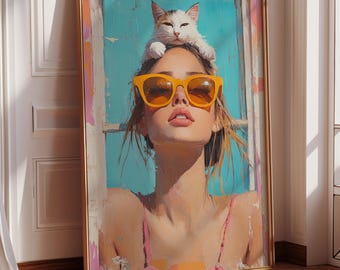 Maximalist White Cat Wall Art, Colorful Fauvism Print, Trendy Home Decor, Matisse Inspired Art, Vibrant Cat Poster, Gift for Mom