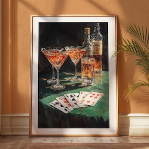 Cocktail and Poker Art Print – Vintage Oil Painting Style with Whiskey, Martini Glasses & Playing Cards – Bar Wall Decor
