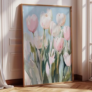 May include: A painting of a bouquet of pink and white tulips with green stems and leaves against a light blue background.