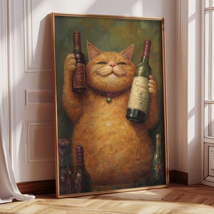 Wystrój wózka barowego, plakat z kotem, wydruk wina, wystrój kuchni retro, wystrój w stylu Mid Century Modern, modna sztuka ścienna, wydruk Cheers, plakat z kotem winnym