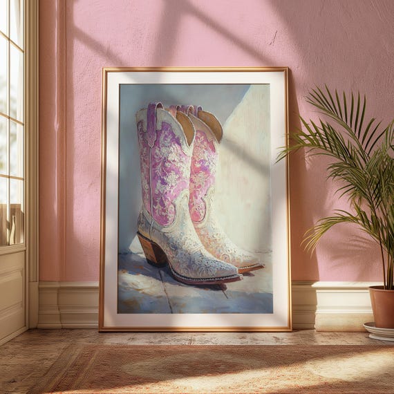 Pastel Cowgirl Boots Wall Art Pink White Western Lace Boots