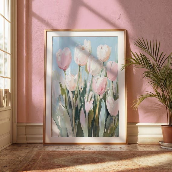 Pastel Pink Tulip Print: Boho Spring Floral Wall Art (Digital Download)