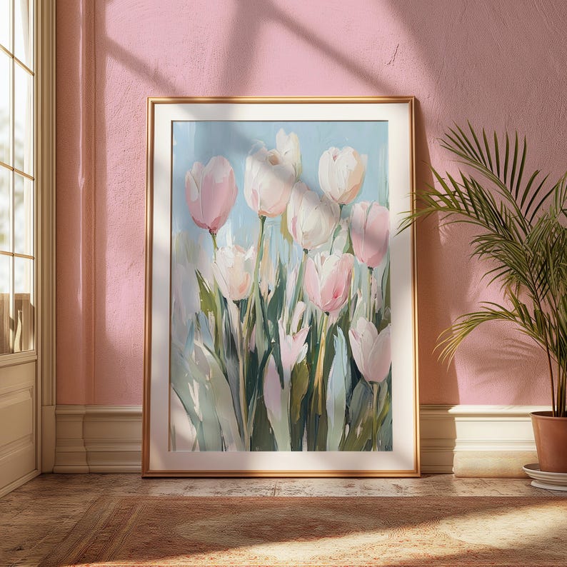 May include: A framed painting of a bouquet of pink and white tulips with green stems and leaves against a light blue background.