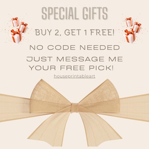 K&ouml;nnte beinhalten: Beigefarbener Hintergrund mit Text, der "SPECIAL GIFTS" und "BUY 2, GET 1 FREE!" lautet. Der Text "NO CODE NEEDED" und "JUST MESSAGE ME YOUR FREE PICK!" sind ebenfalls vorhanden. Eine gro&szlig;e beige Schleife und mehrere Geschenkboxen mit orangefarbenen B&auml;ndern sind ebenfalls sichtbar.