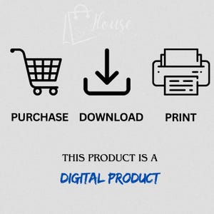 K&ouml;nnte beinhalten: Bild mit Symbolen f&uuml;r Kauf, Download und Druck, mit dem Text "This product is a digital product." Die Symbole zeigen einen Einkaufswagen, einen Pfeil nach unten und einen Drucker.