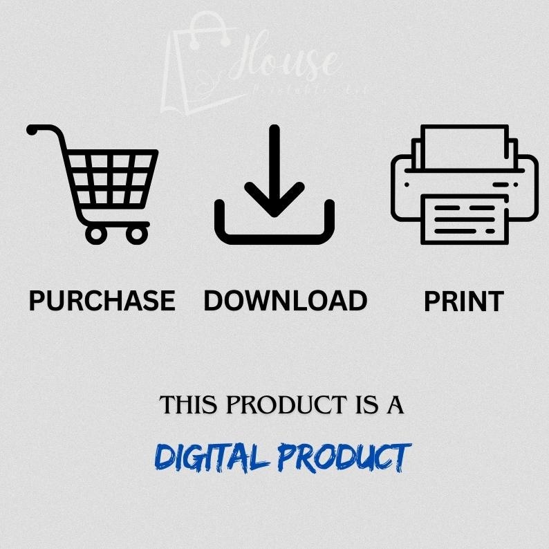 K&ouml;nnte beinhalten: Bild mit Symbolen f&uuml;r Kauf, Download und Druck, mit dem Text "This product is a digital product." Die Symbole zeigen einen Einkaufswagen, einen Pfeil nach unten und einen Drucker.