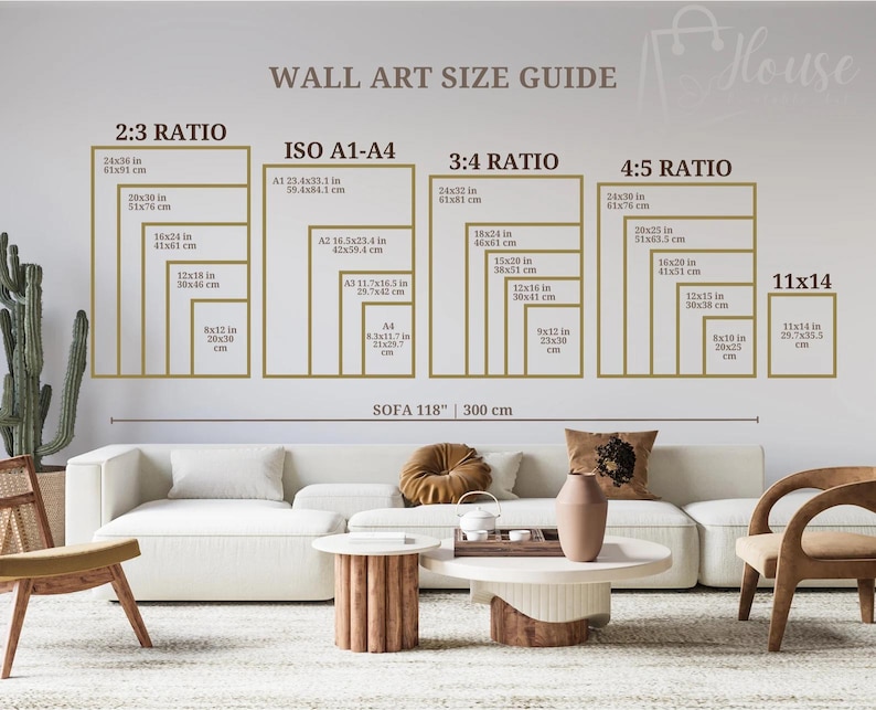 May include: A wall art size guide with dimensions in inches and centimeters. The guide displays various aspect ratios, including 2:3, ISO A1-A4, 3:4, 4:5, and 11x14, with corresponding sizes. The image includes a sofa and decorative items.