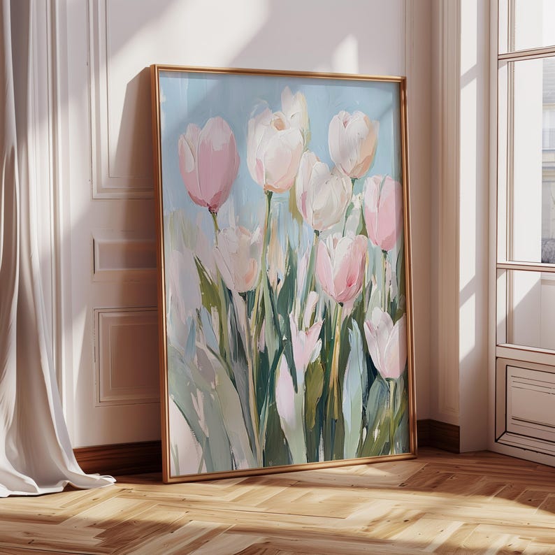 May include: A painting of a bouquet of pink and white tulips with green stems and leaves against a light blue background.