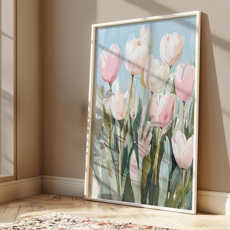 May include: A painting of pink and white tulips with green stems and leaves against a light blue background.