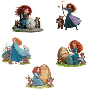 May include: Four illustrations of a red-haired woman in a blue dress decorating Easter eggs with brown bears. The first image shows the woman painting a large egg with a brush. The second image shows the woman holding a bow and arrow. The third image shows the woman in a long blue dress with a cape. The fourth image shows the woman sitting on a rock painting a large egg.