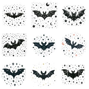 Celestial Bat Silhouette PNG Bundle | Halloween Bat Clipart with Stars and Moons | Perfect for Spooky Crafts, Decor, and DIY Projects