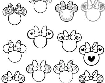 Mouse Head Outline SVG Bundle, Floral Bow Mouse Clipart, Cute Minnie Ears PNG, Mickey Inspired Mouse Cut File for Cricut