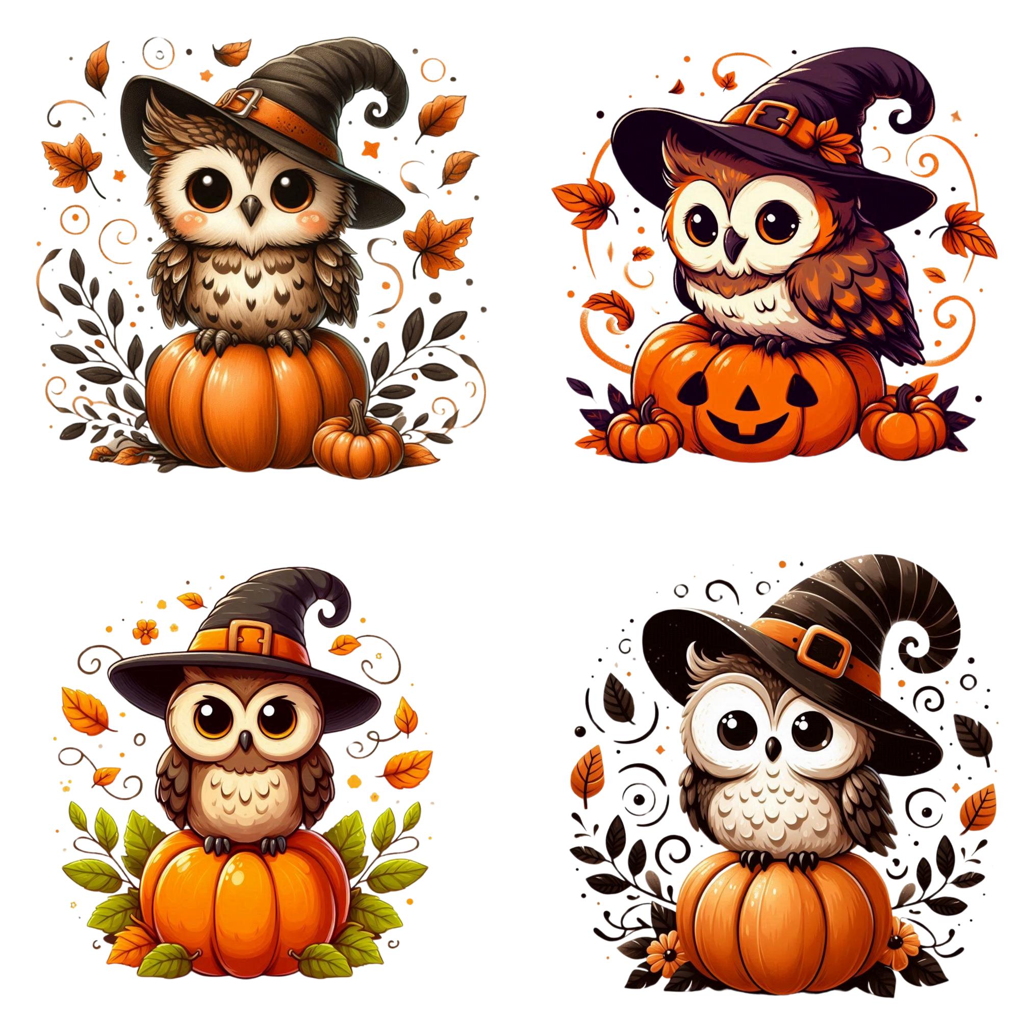 Adorable Halloween Owl on Pumpkin PNG Design Bundle | Cute Witch Owl Clipart for Halloween Crafts an
