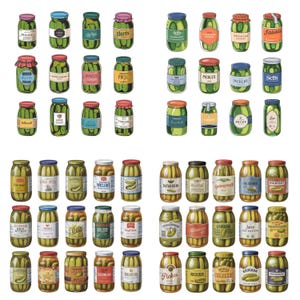 Può includere: Una collezione di 60 barattoli di sottaceti illustrati in varie dimensioni e colori. I barattoli hanno etichette diverse con testo come "Pickles", "Sets", "Jaliats", "Mooik", "Thorst", "Becke", "Viclrife", "Ratarisin", "Splurgent", "Malateet", "Stundeam", "Jarce", "Treinafein", "Redekis", "Gcomuor", "Pickes", "Pockener", "Kaugvan".