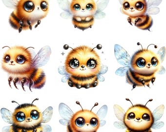 Paquete de diseños PNG de abejas kawaii: ilustraciones de abejas lindas y adorables para manualidades, calcomanías y arte digital