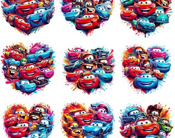 May include: A colorful collage of cartoon cars arranged in a heart shape. The cars are red, blue, green, and yellow. The background is a white canvas with colorful paint splatters.
