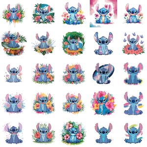 Paquete PNG de acuarela de Stitch, clipart de personaje de dibujos animados lindo, conjunto de sublimación floral, arte tropical digital, descarga instantánea